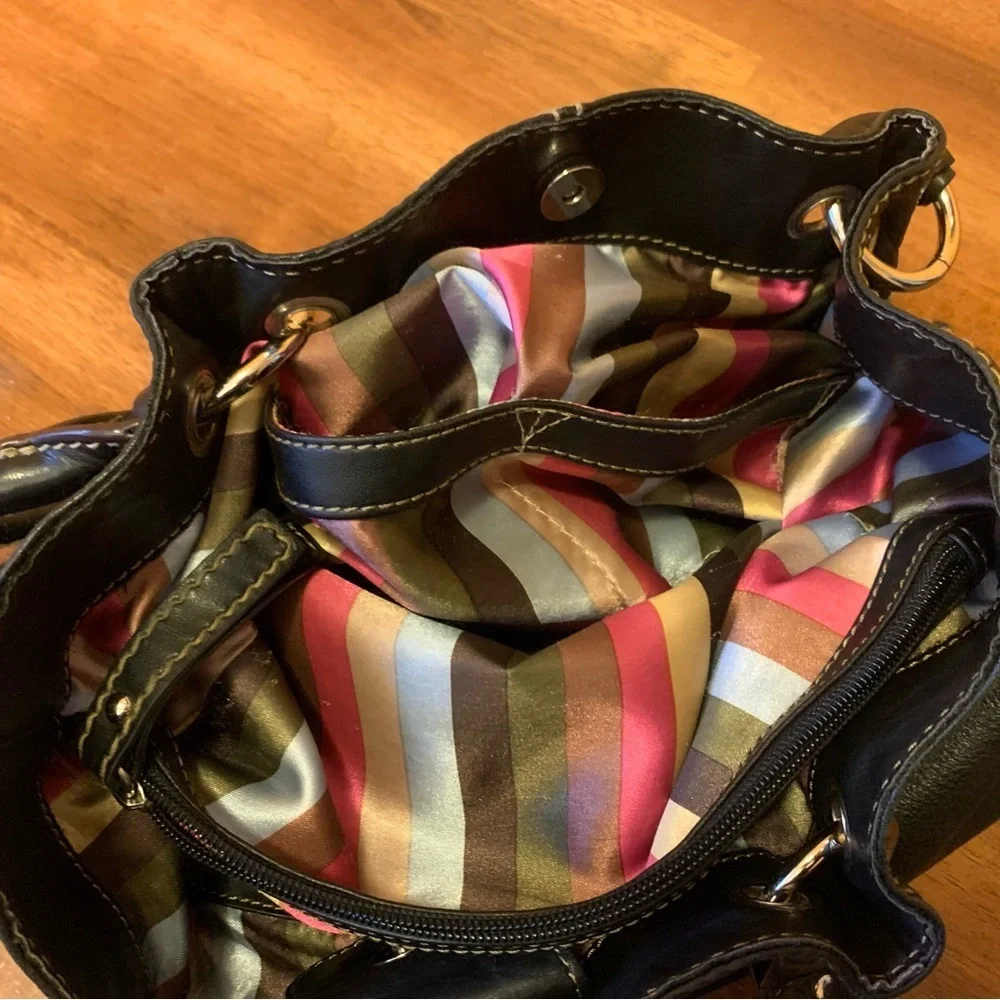 Tignanello Shoulder Bag Black Leather Purse Multi color stripe lining
